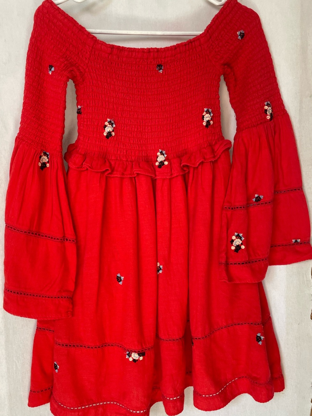 Free People XS smocked floral ruffled wide-sleeve lined embroidered  Dress Boho